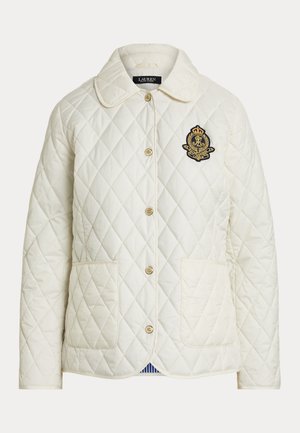 Veste matelassée blanche avec fermeture à boutons, deux poches avant, col et écusson brodé Lauren Ralph Lauren sur la poitrine gauche.