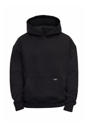Black pullover hoodie with front kangaroo pocket and ribbed cuffs and hem, shown on plain white background.