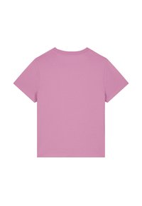 Rosa Baumwoll-T-Shirt mit kurzen Ärmeln, rundem Ausschnitt und einer glatten Textur. Keine Muster oder Verzierungen, mit einem schlichten Design.