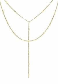 Złota naszyjnik warstwowy z delikatnymi łańcuchami i owalnymi ogniwami oraz wiszącą zawieszką na środku. Teksturowane wykończenie na całej powierzchni.
