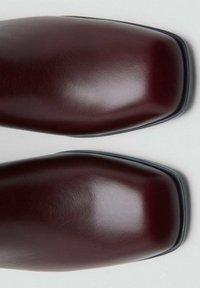 Botas de cuero burdeos hasta el tobillo con una textura suave, diseño de punta cuadrada y suela negra delgada. Presentan un detalle minimalista y líneas limpias.