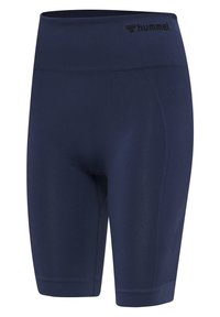 Pantaloni sportivi blu navy con vita alta, realizzati in un tessuto liscio, caratterizzati da pannelli laterali testurizzati con motivo a spina di pesce.