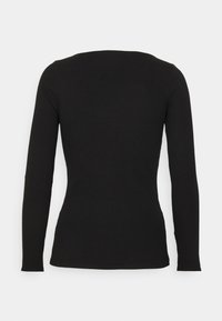 Zwarte lange mouwen top met een geribbelde textuur en een klassieke ronde hals. De achterkant is glad zonder zichtbare hardware of accenten.