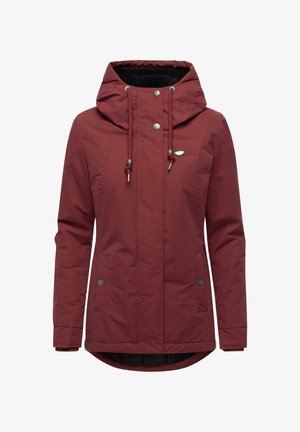 Maroon waterproof jacket with a hood, featuring snap buttons and drawstrings, side pockets, and a fleece-lined interior.
