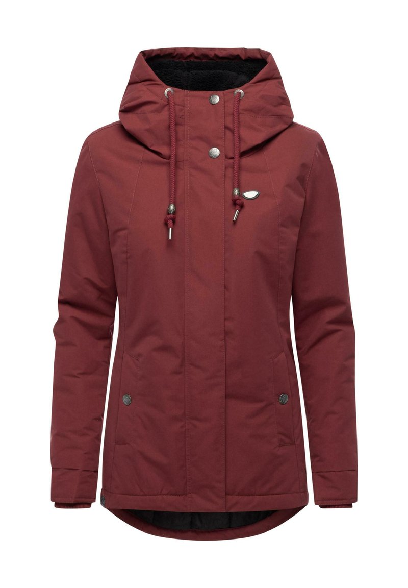 Maroon waterproof jacket with a hood, featuring snap buttons and drawstrings, side pockets, and a fleece-lined interior.