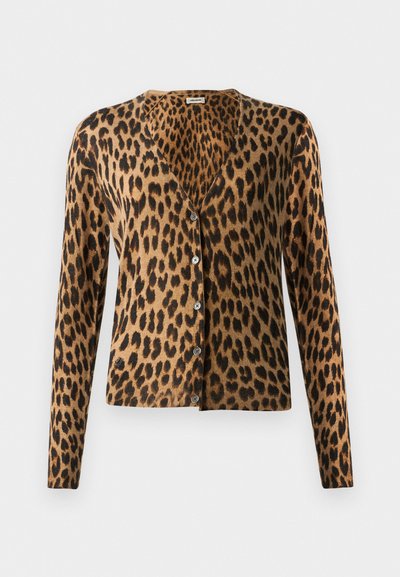 Leopard print cardigan made of soft fabric, featuring a v-neck, long sleeves, and six buttons down the front. Brown and black color scheme.