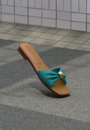 Tan flat sandal with teal woven strap and gold accent, placed on asphalt near tiled pavement.