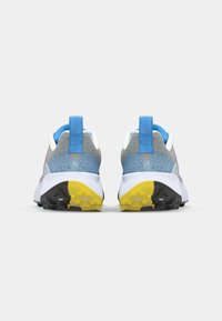 Sporty sneakers featuring a gray mesh upper, blue accents, white and yellow sole, and textured rubber tread for traction.
