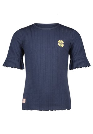 Marineblauw geribd T-shirt met korte mouwen en uitlopende manchetten. Bevat een geborduurd geel bloemenaccent en een gebogen onderzoom. Gemaakt van zachte stof.