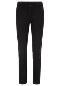 Pantalones negros de algodón, con un diseño de pierna recta, cierre de botón y bolsillos delanteros y traseros. Textura suave, con detalles mínimos.