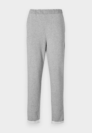 Gray sweatpants with an elastic waistband, tapered leg design, and folded cuff at the hem. Soft texture without visible patterns or accents.