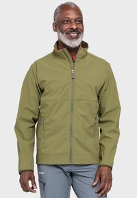 Olive green softshell jacket with a high collar, front zip, and two side pockets; fabric has a smooth, water-resistant texture.