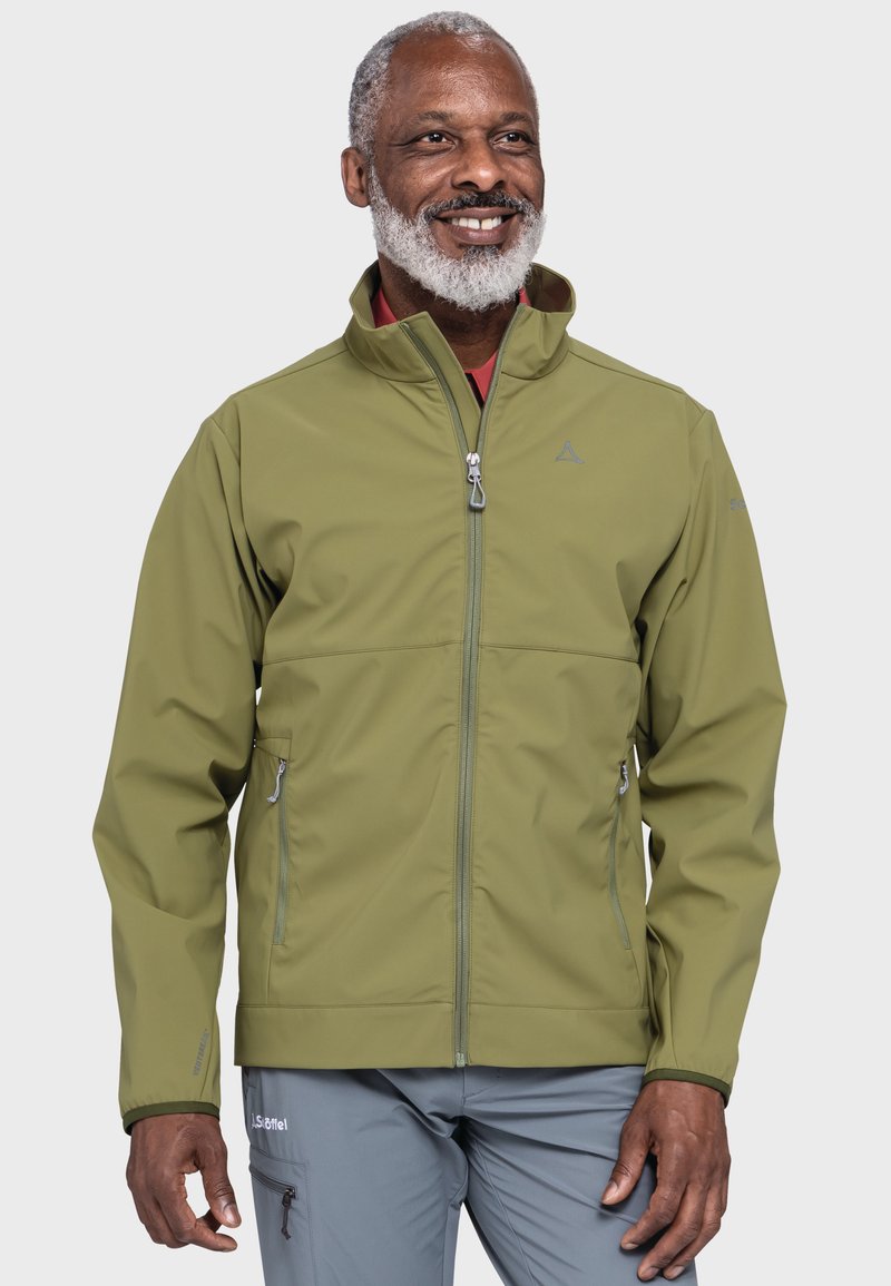Olive green softshell jacket with a high collar, front zip, and two side pockets; fabric has a smooth, water-resistant texture.