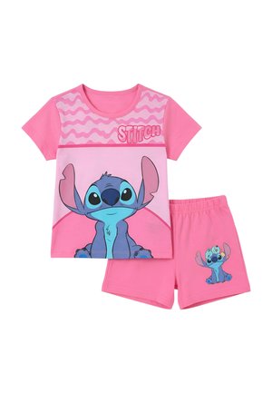 Ensemble pour enfants composé d'un haut rose à manches courtes et d'un short, avec le personnage de dessin animé Stitch de Disney en bleu sur le devant, accompagné d'un imprimé assorti sur le short.