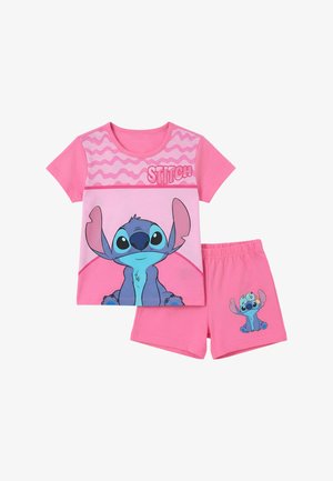Ensemble pour enfants composé d'un haut rose à manches courtes et d'un short, avec le personnage de dessin animé Stitch de Disney en bleu sur le devant, accompagné d'un imprimé assorti sur le short.