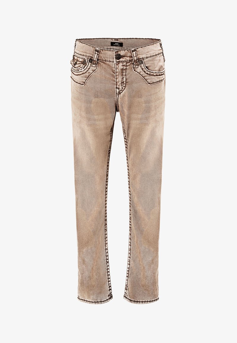 Jean slim délavé marron clair avec poches avant, passants de ceinture, fermeture par bouton et détails de coutures visibles.