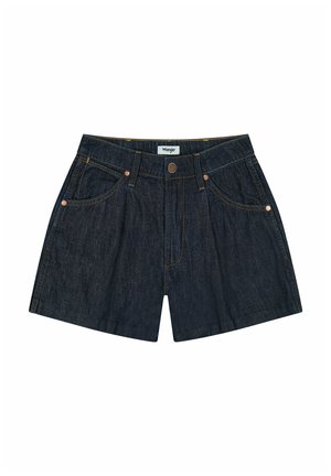 Denim shorts in dark blue with a five-pocket design. Features metal button closure and contrasting yellow stitching. Smooth texture.