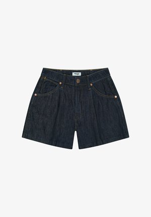 Dunkelblaue Jeansshorts im Five-Pocket-Design. Mit Metallknopfverschluss und kontrastierenden gelben Nähten. Glatte Textur.