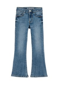 Blaue Jeans im Design mit ausgestelltem Bein, hergestellt aus hellblauem Denim. Verfügt über einen Knopfverschluss, fünf Taschen und gestickte Details.