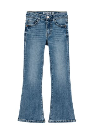 Blaue Jeans im Design mit ausgestelltem Bein, hergestellt aus hellblauem Denim. Verfügt über einen Knopfverschluss, fünf Taschen und gestickte Details.