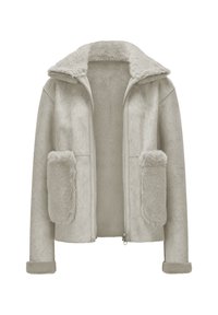 Beige Zip-up-Jacke mit weichem Kunstfellkragen, -manschetten und großen Fronttaschen, entworfen für Wärme und Stil.