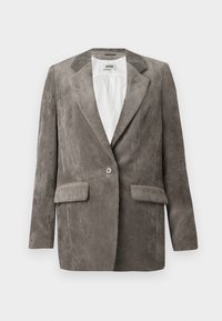 Gray corduroy blazer with notch lapels, a single button closure, and two front pockets, featuring vertical ribbed texture. Lined interior.