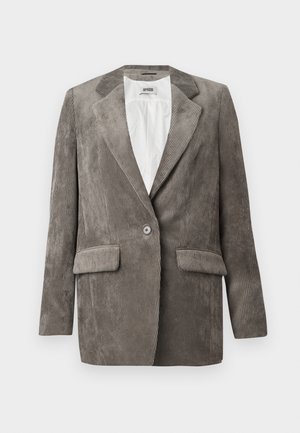 Grauer Cordblazer mit Reverskragen, einem Knopfverschluss und zwei vorderen Taschen, ausgestattet mit vertikaler Rippstruktur. Gefüttertes Innenfutter.