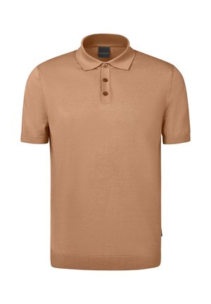 Beige Kurzarm-Polohemd mit Kragen, einer Drei-Knopf-Leiste und feinem Gewebe. Verfügt über gerippte Bündchen und Saum.
