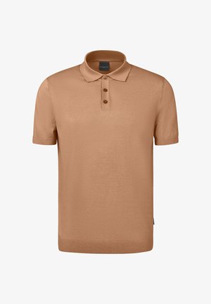 Tan short-sleeve polo shirt with a collared neck, three-button placket, and fine-textured fabric. Features ribbed cuffs and hem.