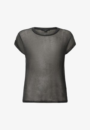 Schwarzes Mesh-Top mit kurzen Ärmeln, Rundhalsausschnitt, strukturiertem Stoff und einem Saum, der einen subtilen transparenten Effekt aufweist.