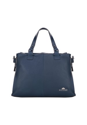 Sac en cuir bleu marine avec deux poignées, accents en métal argenté et texture lisse. Présente un logo �à l'avant. Design spacieux.