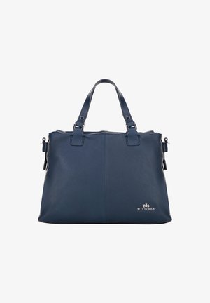 Borsa a mano in pelle blu navy con due manici, dettagli in metallo argentato e una texture liscia. Presenta un logo sul davanti. Design spazioso.