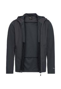 Veste softshell gris foncé avec fermeture éclair à l'avant. Comprend une capuche, une doublure en mesh et des poches latérales. Texture lisse avec une coupe ajustée.