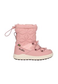 Rosa Winterstiefel mit gestepptem Obermaterial, elastischem Bund und Schnürung an der Vorderseite. Gummisohle und verstärkter Zehenbereich für Langlebigkeit. Markenlogo vorhanden.