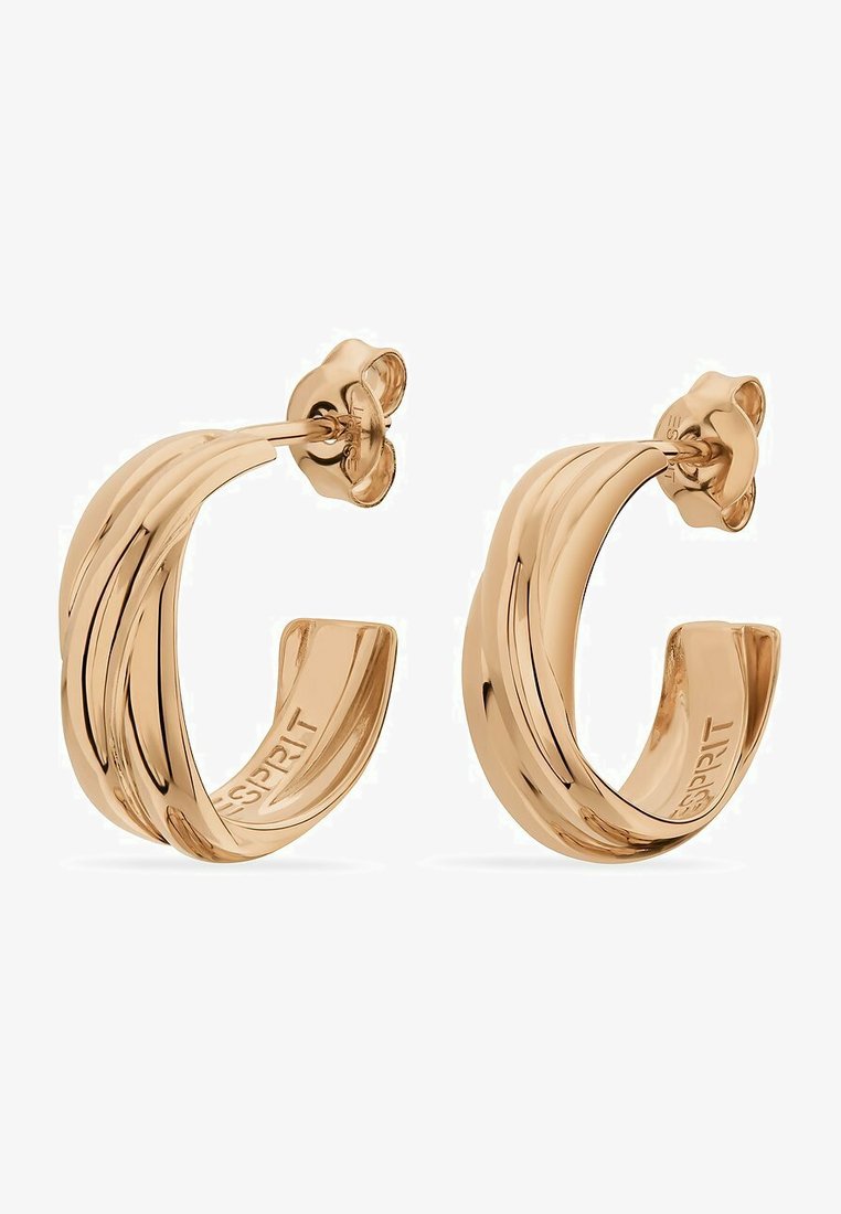 Rosaguld hoops øreringe med et bølget design, der har en glat overflade og sommerfuglespas. Indvendig gravering lyder "Esprit."