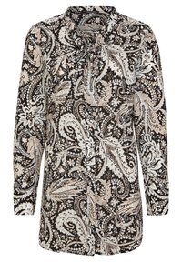 Long-sleeve blouse in a black, cream, and beige paisley pattern, with a collar and button front, featuring a textured fabric.