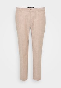 Hellebeige Hose aus Leinenmischgewebe, mit flachem Frontschnitt, Gürtelschlaufen und einem einzelnen Knopfverschluss. Maßgeschneiderte gerade Beinform.