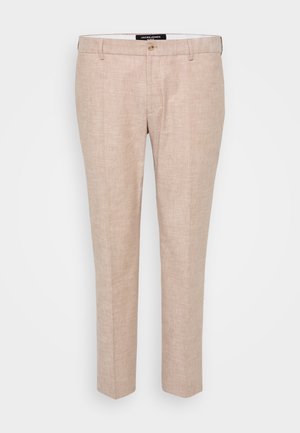 Hellebeige Hose aus Leinenmischgewebe, mit flachem Frontschnitt, Gürtelschlaufen und einem einzelnen Knopfverschluss. Maßgeschneiderte gerade Beinform.