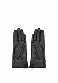 Czarne skórzane rękawiczki o gładkiej fakturze. Zawierają zaokrąglone palce, wzmocniony obszar na dłoni oraz dopasowane wykończenie przy nadgarstku.