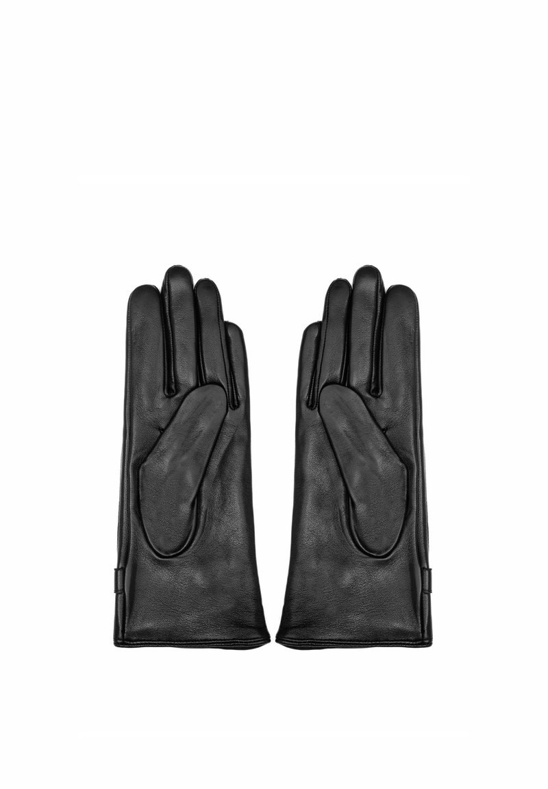 Czarne skórzane rękawiczki o gładkiej fakturze. Zawierają zaokrąglone palce, wzmocniony obszar na dłoni oraz dopasowane wykończenie przy nadgarstku.