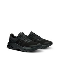 Black athletic shoes featuring a breathable mesh upper, padded collar, and rubber sole with distinctive cushioning cutouts.