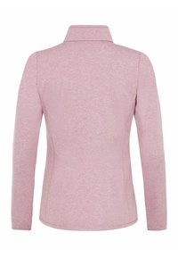 Långärmad skjorta i ljusrosa tyg. Har en krage, slät textur, sömmar längs sidorna och en svängd nederkant.