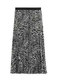 Falda midi plisada en estampado animal en blanco y negro. Cuenta con una cinturilla elástica y una tela fluida para facilitar el movimiento.