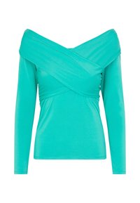 Turkise langærmet top med off-the-shoulder design, der har indsamlet tekstur og krydsede stofdetaljer ved udskæringen.
