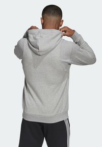 Sudadera gris con capucha ajustable, puños y bajo acanalados, hecha de un material suave. Se muestra desde atrás con una textura lisa y un corte relajado.