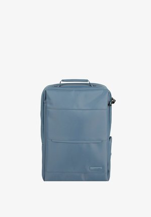 Blauer Nylon-Rucksack in rechteckiger Form. Verfügt über eine Vordertasche, einen oberen Griff und einen seitlichen Reißverschluss. Glatte Textur mit minimalen Akzenten.