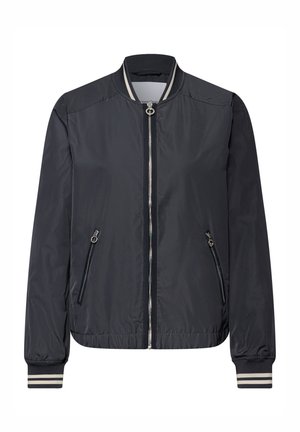Veste bomber noire avec fermeture éclair à l'avant, deux poches latérales zippées, poignets et col côtelés avec des rayures blanches.