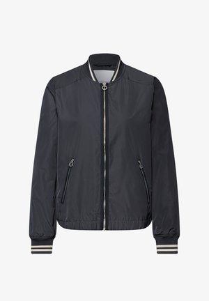 Veste bomber noire avec fermeture éclair à l'avant, deux poches latérales zippées, poignets et col côtelés avec des rayures blanches.