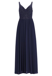 Abito da sera blu navy con corpetto aderente decorato con ricami intricati e una gonna fluida. Realizzato in tessuto leggero con una texture morbida.