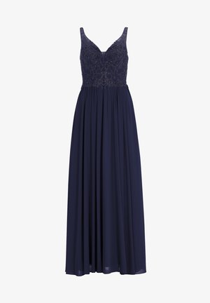 Laivastonsininen iltapuku, jossa on tiukka bodice ja kauniisti brodattuja yksityiskohtia sekä liehuva hame. Valmistettu kevyestä kankaasta, jolla on pehmeä koostumus.